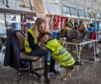 Una trabajadora de Spanair abraza a su perro, vestido con un chaleco reflectante en el aeropuerto de Bilbao.