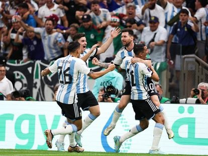 LUSAIL CITY, QATAR - NOVEMBER 26: Lionel Messi #10 of Argentina celebrates with teammates after scoring a goal during the FIFA World Cup Qatar 2022 Group C match between Argentina and Mexico at Lusail Stadium on November 26, 2022 in Lusail City, Qatar. (Photo by VCG/VCG via Getty Images)