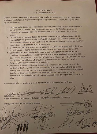 Carta del acuerdo firmado entre el Gobierno de Colombia y un grupo de ganaderos y agricultores de La Mojana.