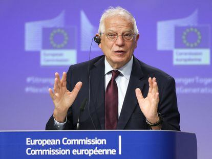 El jefe de la diplomacia comunitaria, Josep Borrell, durante la rueda de prensa en Bruselas, este martes.