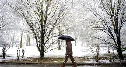 Un hombre camina bajo la nieve este lunes en Vitoria. 