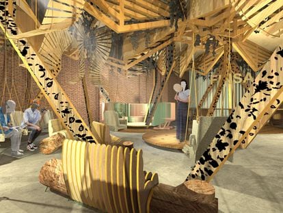 Render del montaje interactivo 'Connective Nature', de Izaskun Chinchilla Architects para FINSA, que ofrece al visitante la inmersión en la experiencia de un oasis urbano.