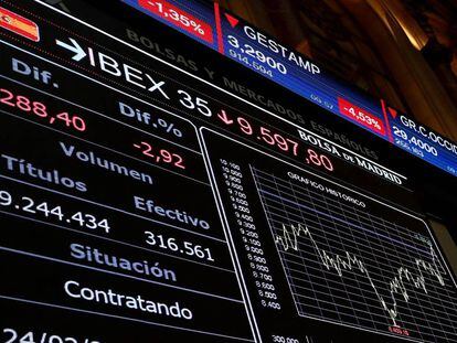 Un panel informativo muestra la evolución del IBEX 35 en el Palacio de la Bolsa en Madrid, el 24 de febrero.