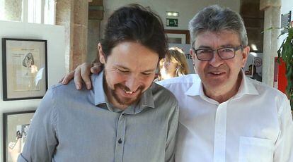 Iglesias y Mélenchon, a su llegada a los cursos de verano de El Escorial.
