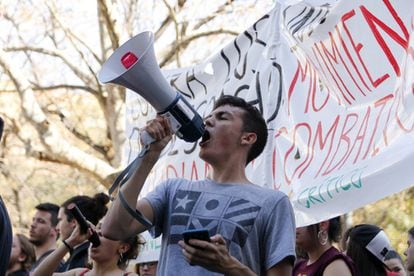 Un estudiante se comunica con un megáfono durante la manifestación de estudiantes contra la Ley orgánica para la mejora de la calidad educativa (LOMCE), en Valencia.