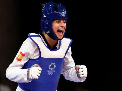 Adriana Cerezo, celebra el pase al combate por el oro en los Juegos de Tokio en la categoría de -49kg.