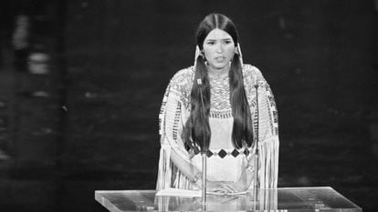 Sacheen Littlefeather after rejecting the Oscar on behalf of Marlon Brando, in 1973.