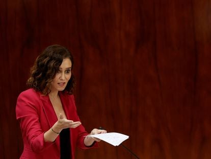 La presidenta de la Comunidad de Madrid, Isabel Díaz Ayuso, este jueves en la Asamblea.