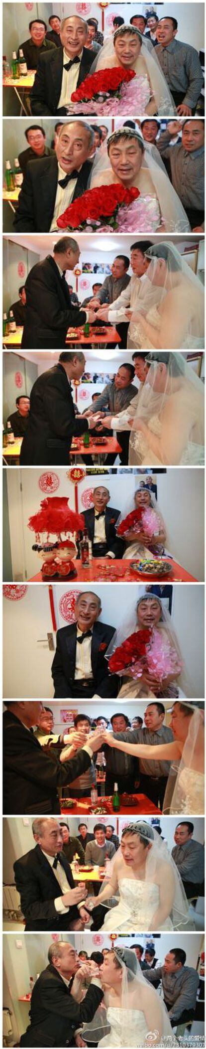 Una secuencia de imágenes del día de la boda de la pareja china conocida como 'Bebé Pequeño' y 'Bebé Grande', difundida por ellos mismos en las redes sociales.