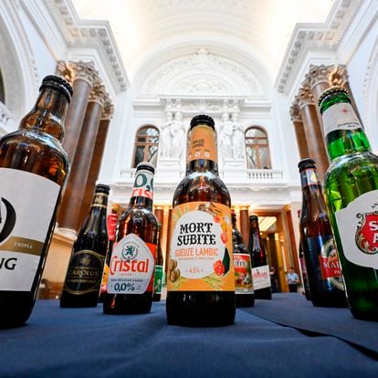 Beer bottles are displayed inside the Belgian Beer World, the world's largest interactive experience center dedicated to beer, newly opened in the renovated stock exchange building "La Bourse/De Beurs" in Brussels on September 7, 2023. (Photo by JOHN THYS / AFP) (Photo by JOHN THYS/AFP via Getty Images)