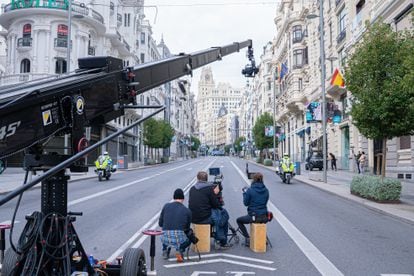 Un rodaje en la Gran Vía en Madrid.