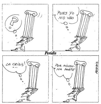 Adolfo Suárez es uno de los personajes emblemáticos de las viñetas de Peridis, muchas veces dibujado con su columna. Esta se publicó el 4 de septiembre de 1977 y respondía a las inmumerables crisis que capeó en el seno de su Gobierno.