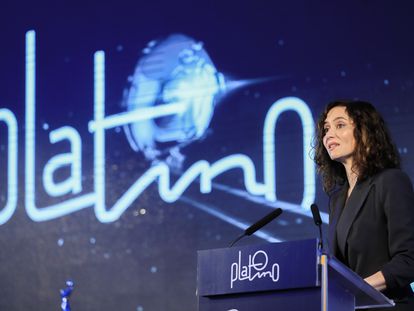 La presidenta de la Comunidad de Madrid, Isabel Díaz Ayuso, durante su intervención en la presentación de la X Edición de los Premios Platino, este viernes en Matadero Madrid.