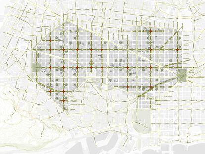 Plan, a una década vista, para convertir el Eixample de Barcelona en una gran supermanzana formada por calles pacificadas.