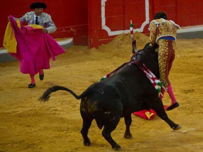 El diestro Jos&eacute; Tom&aacute;s es corneado por el quinto toro de la tarde durante la corrida de la Feria del Corpus en Granada. 
