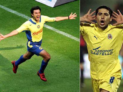 El Piojo celebra un gol con el América mexicano (izquierda), y Riquelme con el Villarreal.