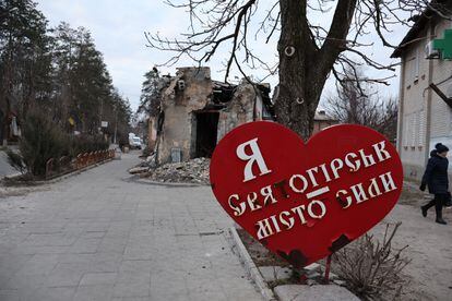 Main street of Sviatohirsk, partially destroyed, last February.