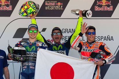 Lorenzo, Rossi y Márquez en el podio de Jerez.