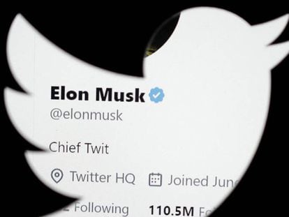 La cuenta en Twitter de Elon Musk vista a través del logo de la compañía.