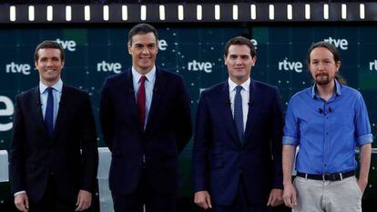 El l&iacute;der del PP, Pablo Casado; el del PSOE, Pedro S&aacute;nchez; el de Ciudadanos, Albert Rivera; y el de Unidas Podemos, Pablo Iglesias, en el debate.