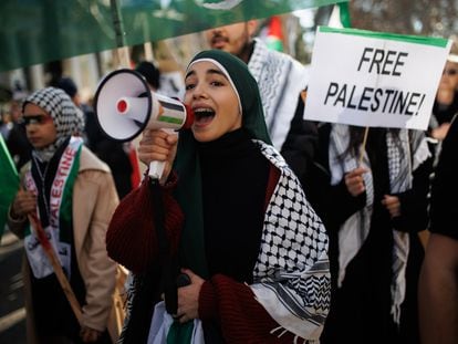 Manifestación en apoyo a Palestina, este sábado en Madrid.