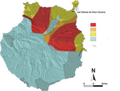 Mapa volcánico de la isla de Gran Canaria. Los colores indican de mayor a menor peligrosidad (de arriba abajo).