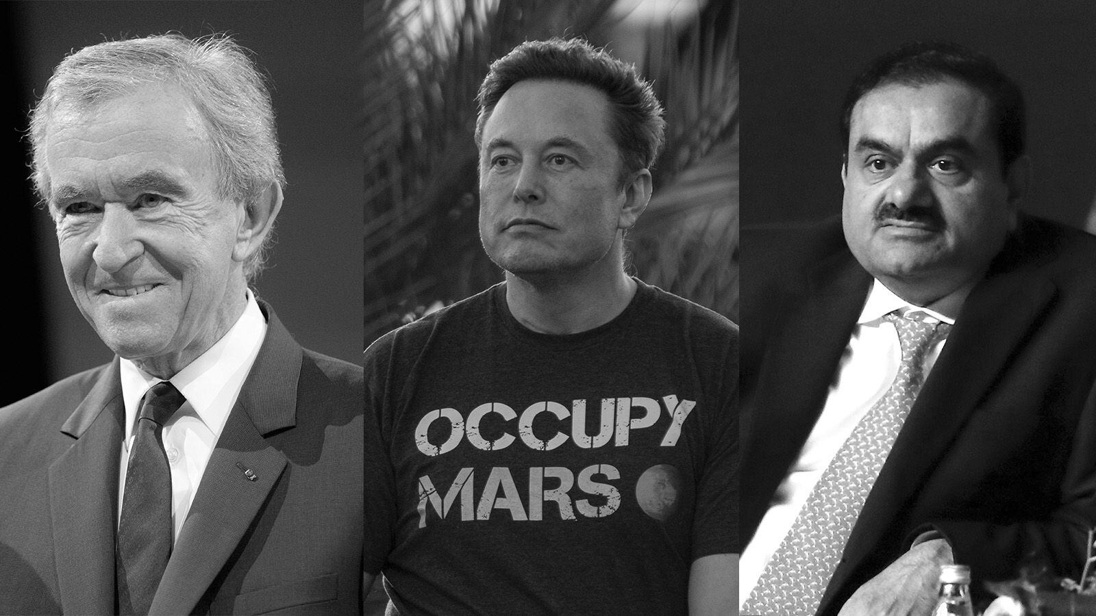 De izquierda a derecha: los millonarios Bernard Arnaut, Elon Musk y Gautam Adani.