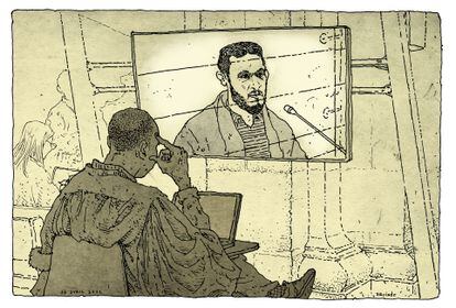 Salah Abdeslam, en la pantalla, durante su declaración en el juicio por los atentados el pasado 13 de abril de 2022.