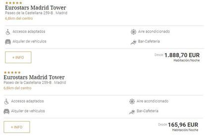 Precios de habitaciones dobles disponibles en el hotel Eurostars Madrid Tower, arriba, para el fin de semana de la final, desde 1.888 euros. Debajo, para el fin de semana del 21 al 23 de junio, desde 165 euros.