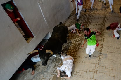 Varios corredores se tiran al suelo al paso de uno de los astados, por el callejón de la plaza de toros de Pamplona.