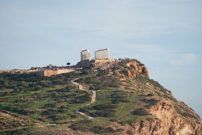 View of the Greek temple on top of a hill at Cape Sounio.