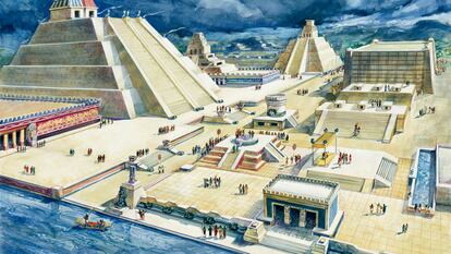 Representación del antiguo Templo Mayor en Ciudad de México, en una ilustración de 1900.