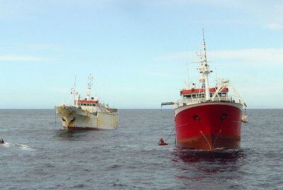 Imagen del 'Paloma V' (el barco pintado de rojo), faenando en agosto de 2007.