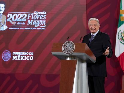 Andrés Manuel López Obrador, durante una rueda de prensa matutina hoy en Palacio Nacional.