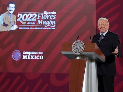 Andrés Manuel López Obrador, durante una rueda de prensa matutina hoy en Palacio Nacional.