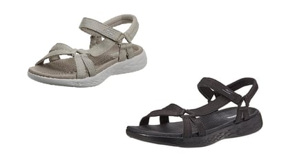 These sandals close with straps and can be adjusted at the ankle.  SKECHERS.
