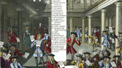 Antoine Hubolt representa el pánico en la Bolsa de Ámsterdam ante la crisis francesa de 1720.