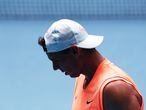 Melbourne (Australia), 07/02/2021.- Rafael Nadal of Spain reacts while in action during a practise session ahead of the Australian Open Grand Slam tennis tournament, in Melbourne, Australia, 07 February 2021. (Tenis, Abierto, España) EFE/EPA/JASON O'BRIEN