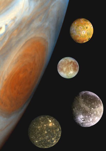 Composición de imágenes del planeta Júpiter y de las cuatro lunas (Io, Europa, Ganímedes y Calisto) que descubrió Galileo Galilei en 1610.
