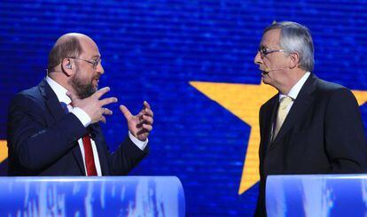 Martin Schulz y Jean-Claude Juncker, antes del debate.