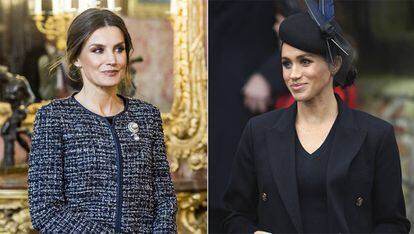 La reina Letizia en la Pascual Militar y, a la derecha, Meghan Markle en Navidad.