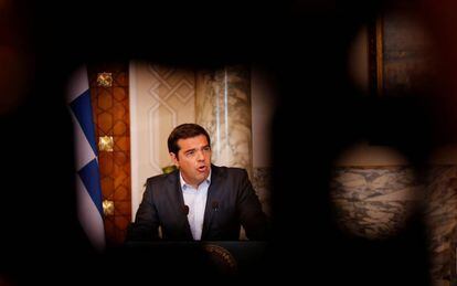 El primer ministro griego, Alexis Tsipras, durante una conferencia sobre inmigración en El Cairo.