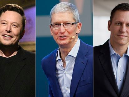Elon Musk, fundador de SpaceX (desde la izquierda); Tim Cook, consejero delegado de Apple, y Peter Thiel, cofundador de PayPal.