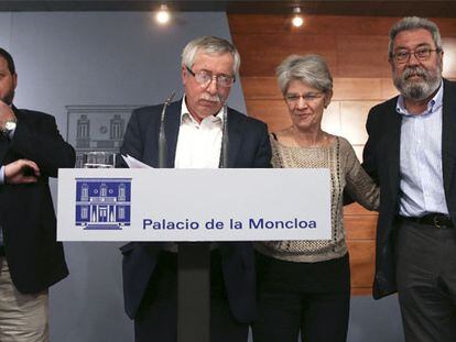 De izquierda a derecha, Julio Salazar (USO), Ignacio Fernández Toxo (CC OO), Bernardette Segol (CES) y Cándido Méndez (UGT).