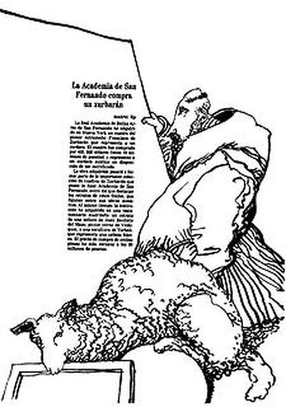 Manuel Alcorlo dibuja sobre una columna de la compra de un <i>zurbarán.</i>
