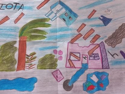 Dibujo de una niña de 11 años en Providencia (Colombia), que hizo durante el paso del huracán 'Julia'.