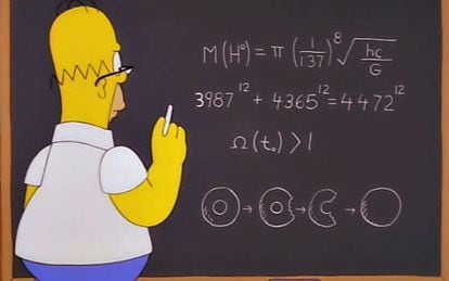 Homer, enfront d'una equació que prediu la massa del bosó de Higgs.