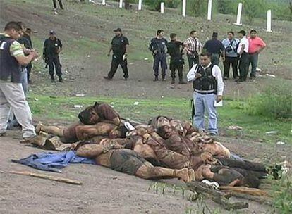 Los agentes de la policía mexicana observan la pila de cadáveres encontrados en Michoacán.