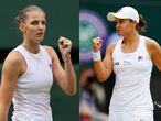 Combo de dos imágenes: LONDON, ENGLAND - JULY 08: Karolina Pliskova of The Czech Republic celebrates in her Ladies' Singles Semi-Final match against Aryna Sabalenka of Belarus on Day Ten of The Championships - Wimbledon 2021 at All England Lawn Tennis and Croquet Club on July 08, 2021 in London, England. (Photo by Clive Brunskill/Getty Images). //   LONDON, ENGLAND - JULY 08: Ashleigh Barty of Australia celebrates in her Ladies' Singles Semi-Final match against Angelique Kerber of Germany on Day Ten of The Championships - Wimbledon 2021 at All England Lawn Tennis and Croquet Club on July 08, 2021 in London, England. (Photo by Mike Hewitt/Getty Images)