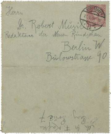 Sobre de una de las cartas que Frank Kafka envía a Robert Musil a la redacción de la revista 'Die Neue Rundschau'.